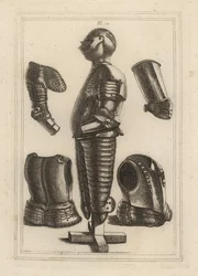 Oud harnas voor John de Courcy, Graaf van Ulster 1, en schouderstuk, armplaat, onderarmplaat van de Hertog van Monmouth 2