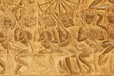 Angkor Wat, detail van reliëfsculptuur van de Slag bij Kurukshetra, Siem Reap, Cambodja