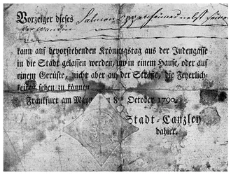 Antisemitisme: een pas uitgegeven aan Joden in Frankfurt, 1790