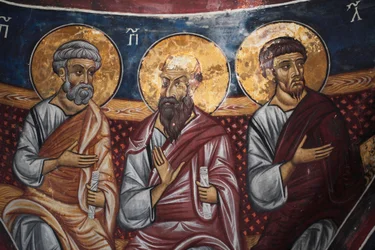 Apostelen rond Christus en het Laatste Oordeel Detail van de Byzantijnse fresco uit het Narthex gewelf van de kerk van Asinou