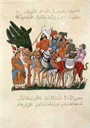 Arabische reizigers op kamelen, begroet aan het einde van hun reis