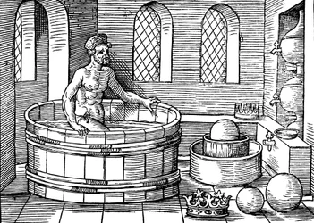 Archimedes ca. 287-212 v.Chr., Oud-Griekse wiskundige en uitvinder, in zijn bad