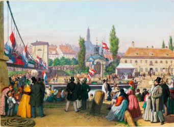 Aankomst van de stoomboot bij het station aan het Donaukanaal, Wenen (1845)