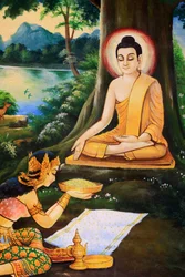 De ascetische Boeddha kreeg op de ochtend van zijn Verlichting een kom melkrijst aangeboden door Nandabala. Schildering van het levensverhaal van Shakyamuni Boeddha. Wat Ong Teu Mahawihan. Tempel van de Zware Boeddha. Vientiane. Laos, 20151028, Vientiane