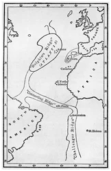 Atlantis: een kaart die de locatie van het mythische continent toont, ca. 1882, 1956