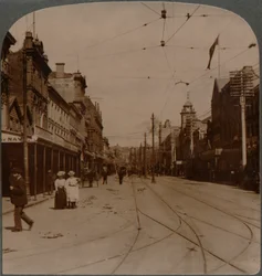 De belangrijkste zakenstraat van Auckland, Queen St., zuidwaarts kijkend, Nieuw-Zeeland, ca. 1900