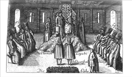 Audiëntie met Ivan V, Peter I en Sophia Alekseyevna uit Georg Adam Schleissing Derer beyden Czaaren in Reussland..., 1693