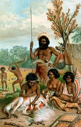 Australische aboriginals slachten een kangoeroe, 1885-1888