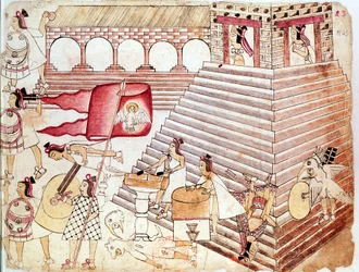 Azteekse krijgers verdedigen de tempel van Tenochtitlan, Mexico