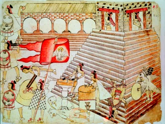 Azteekse krijgers verdedigen de tempel van Tenochtitlan tegen Conquistadores
