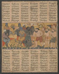 Bahram Gur toont zijn bekwaamheid in worstelen aan het hof van Shangul