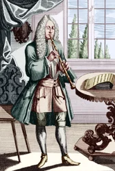 Barok hobo muzikant, bijschrift leest - Man die hautboy (of hautbois) speelt, een vroege hobo. Gravure door J C Weigel (1661-1726) uit Musikalisches Theatrum.