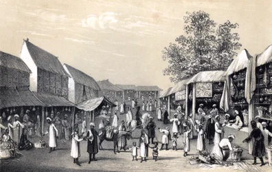 Bazaar in Kabul, in het fruitseizoen, 1847