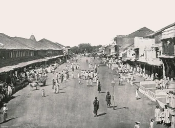 Bazaar scène, inheemse wijk, Calcutta, India, 1895