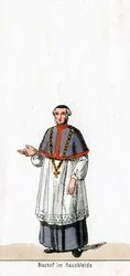 Bisschop in huisjurk, kostuumontwerp voor Shakespeares toneelstuk, Henry VIII, 19e eeuw