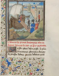Bohemond I van Antiochië reisde terug naar Apulië. Miniatuur uit de Historia door Willem van Tyrus, 1460s