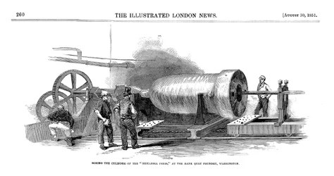 Het boren van de cilinder van de Britannia-pers in de Bank Quay Foundry, Warrington, 1851