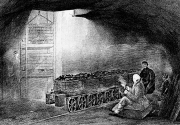 Bodem van een schacht in een kolenmijn met een trein van geladen wagons, 1860