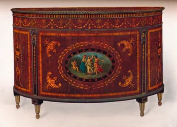 Boogvormige Commode, met Metalen Lijsten en Koppen, gefineerd en ingelegd met gekleurd hout, ca.