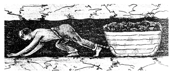 Jongen putter sleept een slee met kolen door een smalle naad, Zuid-Wales, 1848