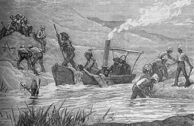 Britse soldaten die een dam door Arabi gebouwd bij Mahuta doorbreken, ca. 1882