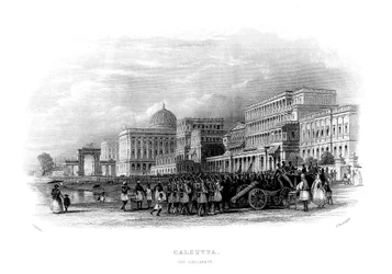 Britse troepen marcheren op de esplanade, Calcutta, India, midden 19e eeuw