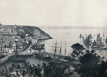 Brixham - De lagere stad, toont vissersvloot, 1895