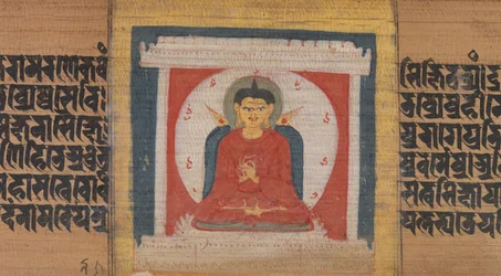 Boeddha op een Troon in een Heiligdom, Blad uit Pancavimsatisahasrika Prajnaparamita, ca. 1090