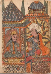 Burzuyeh wordt opgeroepen door Nushirvan bij zijn terugkeer uit India, Folio van een Kalila..., 18e eeuw