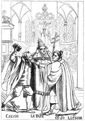 Calvijn, Luther en de paus vechten met elkaar, gepubliceerd 1600