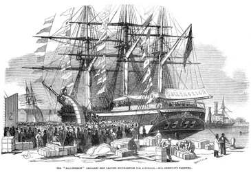 Caroline Chisholm spreekt een menigte toe vanaf het emigrantenschip Ballengeich, 1852