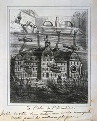 Cartoonvoorstel om het stadhuis onder water te herbouwen om brand te voorkomen, Parijse Commune