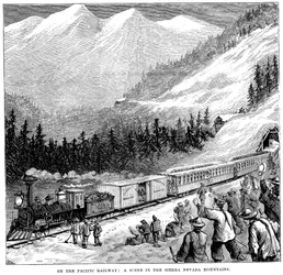Central Pacific Railroad in de Sierra Nevada bergen, ca. 1875