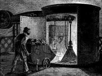 Het laden van een hoogoven bij de Govan Iron Works, Schotland, ca. 1885
