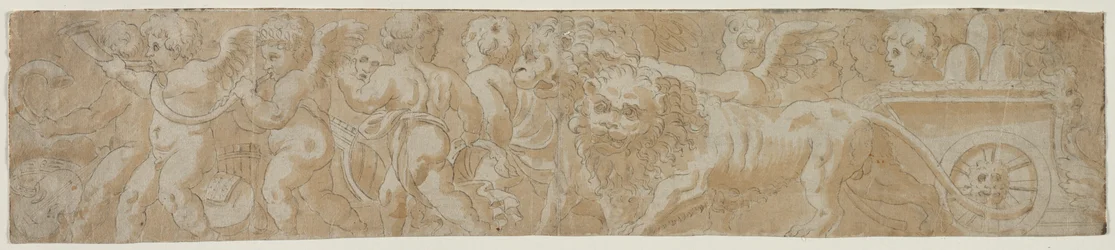 Strijdwagen getrokken door leeuwen met Amorini recto Gedeeltelijke Architecturale Studie verso, eerste helft 1500s