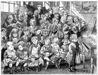 Kinderen wachten op soep tijdens het eten, London Board School, Denmark Terrace, Islington