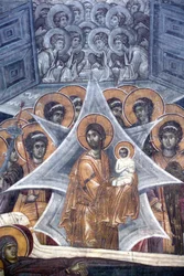 Christus met de ziel van de Maagd bij de poorten van de hemel