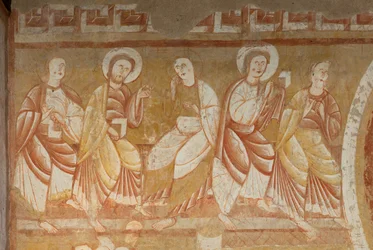 Kerk (Église Saint-Martin). Interieur. Muurschilderingen (fresco). Westmuur van het schip. Detail. Apostelen. 12e eeuw