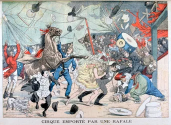 Circustent weggeblazen, Saint Etienne, Frankrijk, 1903