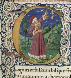 Claudius Ptolemaeus. Detail van een versierde initiaal C Cosmographia, tweede helft van de 15e eeuw