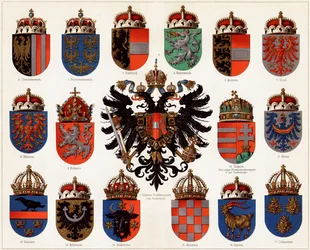 Wapens van de comitaten van Oostenrijk-Hongarije en klein Oostenrijks staatswapen, ca. 1907.