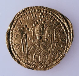 Munt Zlatnik van grootvorst Vladimir Svyatoslavich Voorzijde: Portret van de heerser, 980-1015