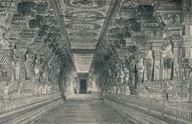 Colonnade in het interieur van de Hindoe-tempel op het eiland Rameswaram Zuid-India, ca. 1903