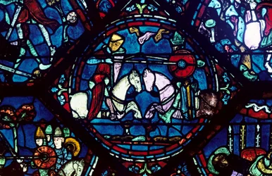 Gevecht tussen Roland en koning Marsile, glas-in-lood, kathedraal van Chartres, Frankrijk, 1194-1260