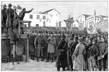 Politie bewaakt een regeringsverslaggever bij een campagnevergadering, Ierland, 1887