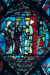 Constantijn begroet Karel de Grote in Constantinopel, glas-in-lood, kathedraal van Chartres, Frankrijk