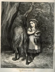 Tijdens het oversteken van het bos ontmoet Roodkapje de wolf. Gravure door Gustave Doré (1832-1883) uit 