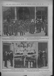 Mensenmassa buiten Lloyds van Londen, koks aan boord, en de White Star kantoren, 20 april 1912