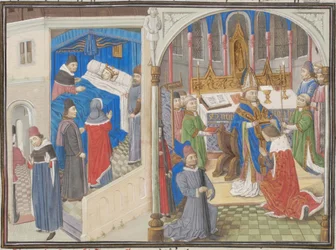 Dood van Amalric I van Jeruzalem. Kroning van Baldwin IV. Miniatuur uit de Historia door Willem van Tyrus, 1460s
