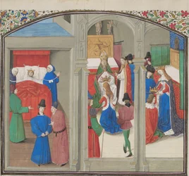 Dood van Boudewijn IV. Kroning van Gwijde van Lusignan. Miniatuur uit de Historia van Willem van Tyrus, jaren 1460